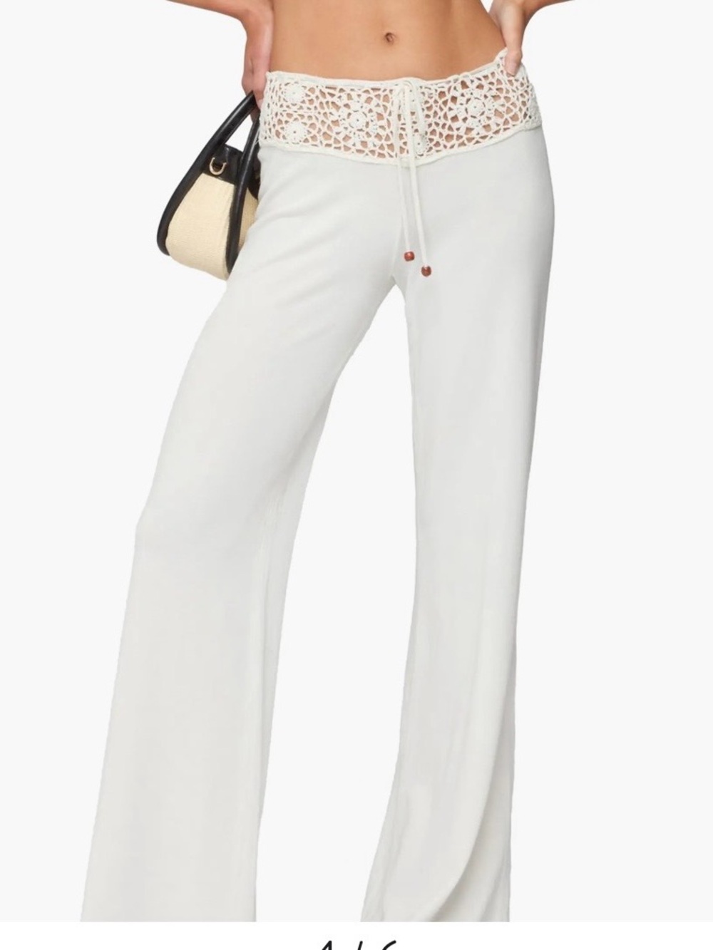 White Wide-Leg Pants with Crochet Waistband without off tag ,cotton and acrylic
